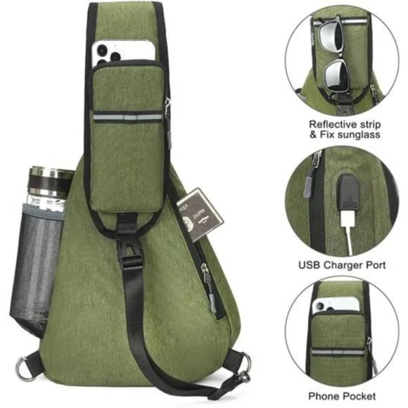 New Water Resistant Hiking Shoulder Bag Unisex Army Green - Picture 6 of 7